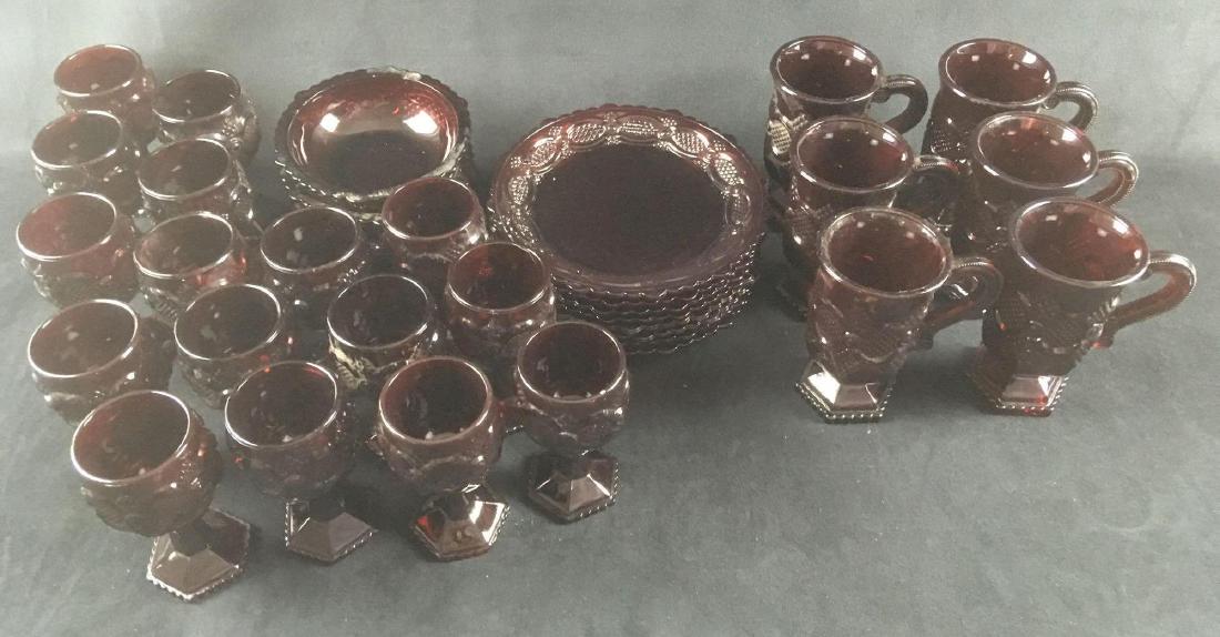 Set of Vintage 1950s Avon Ruby Red Cape Cod Glassware: Set of Vintage 1950s Avon Ruby Red Cape Cod Glassware. This set is in good condition with no chips or cracks in the glass. Set is composed of 3 bowls- 1 with chips around the rim 7 mugs- 5" H x 3" D 8