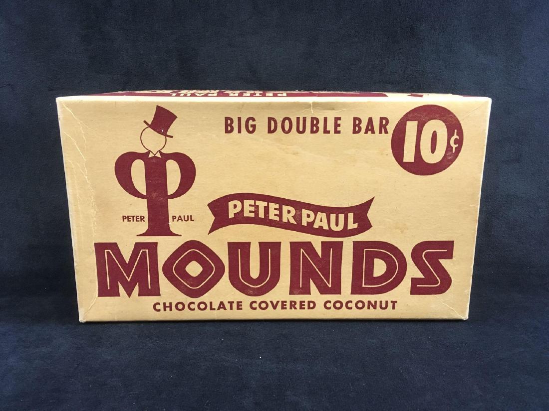 Original 1950's Mounds Candy Bar Retail Box Rare: Hard to find cardboard retail display box from Peter Paul Mounds, the chocolate and coconut candy bar. This box is in amazing condition, with few defects. It measures approx. 11.1/4" L, 6.1/2" W, 2.5/