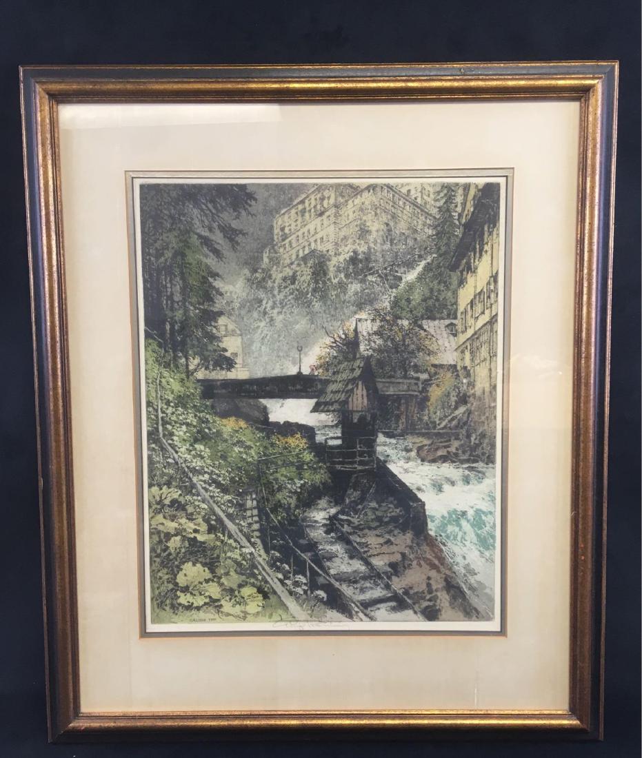 Bad Gastein Cascade Original Etching By Luigi Kasimir: Bad Gastein Cascade Original Etching By Luigi Kasimir; This is an original landscape etching, signed by the Austrian born artist Luigi Kasimir. It is in excellent condition and frame to frame measures