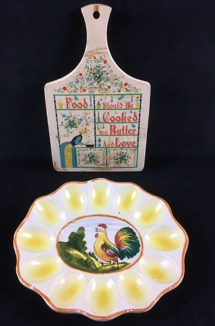 Italian Deviled Egg Rooster Plate and Decorative: Italian Deviled Egg Rooster Plate and Decorative Cutting Board. This set includes a deviled egg plate and decorative cutting board with the words "Food Should Be Cooked with Butter and Love" printed o