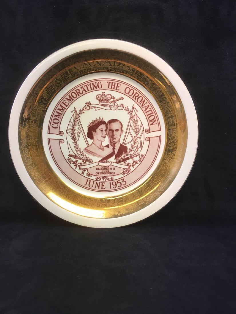 Vintage Canadian Plate Commemorating the Coronation of: Vintage Canadian Plate Commemorating the Coronation of Queen Elizabeth II; a very fine plate accented in 22K gold. It shows the date of June, 1953. In the gold accent is ghosted the official seals of 