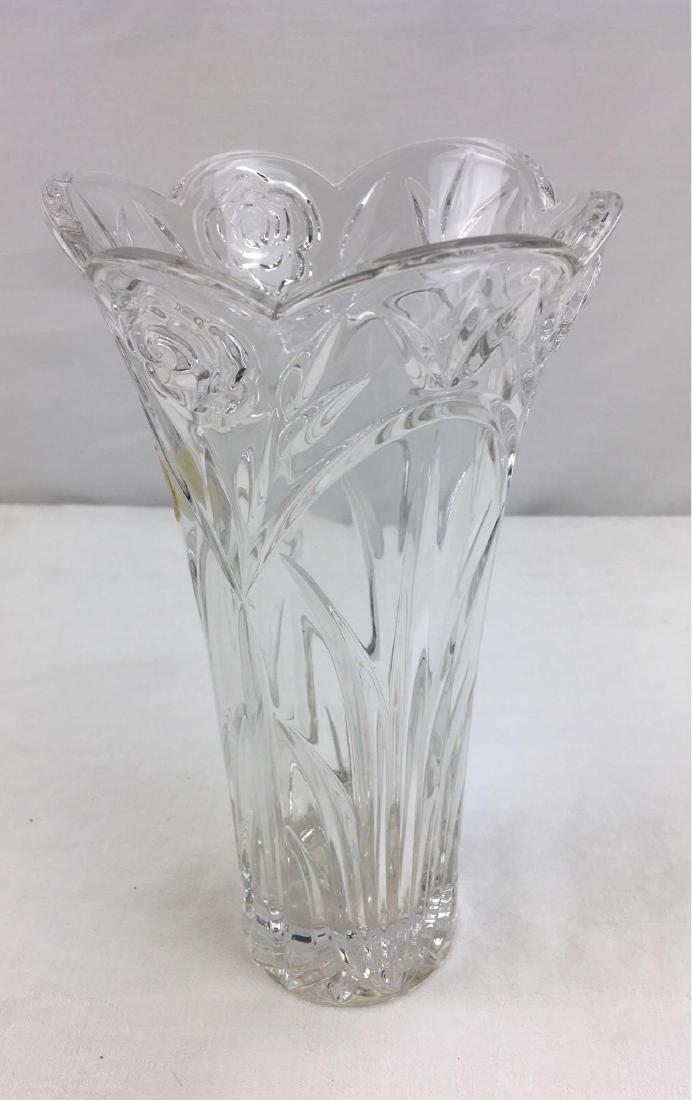 Princess House Crystal Vase: A nice Princess House glass vase with an open rose design. Measuring 9" H, 5" D, 2.3/4" base