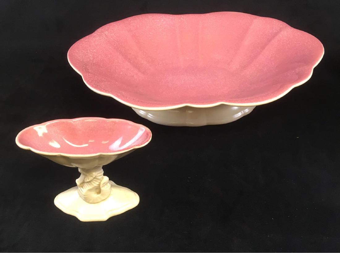 Vintage Cowan Art Pottery Serving Bowl and Spoon Rest: Vintage Cowan Art Pottery Serving Bowl and Spoon Rest, Marked, Circa 1920's; this lovely set shows a pink and ivory combination, both the Cowan mark. The large serving or console bowl sits on a short