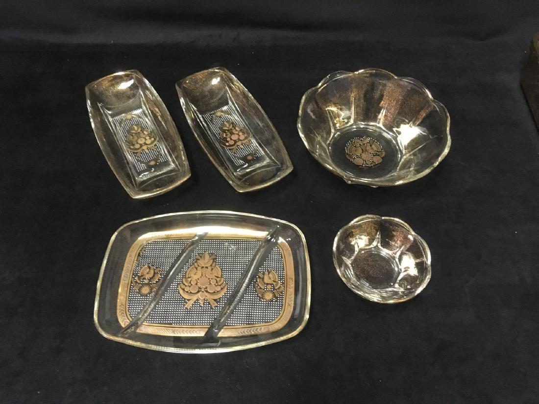 Lot of 5 Vintage Georges Briard Gold Paradise Bird: Lot of 5 Vintage Georges Briard Gold Paradise Bird Serving Bowls and Trays; the four large pieces all show the signature of renowned Mid Century Modern designer. There are no chips or cracks noted on
