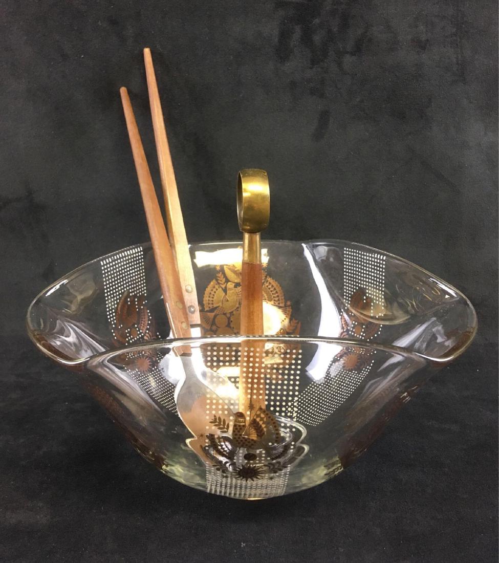 Retro Georges Briard Salad Bowl with Tongs: Funky 1960's Georges Briard salad bowl with serving fork and spoon included. Bowl measures approx 9" in diameter and 5" tall. Each utensil is 13" long. In excellent condition.