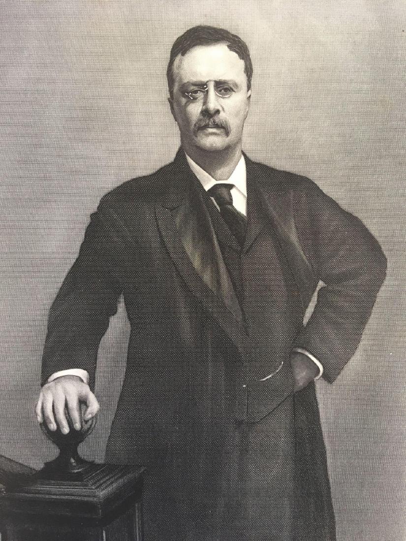 Vintage Photo-gravure Engraving of Theodore Roosevelt: Vintage Photo-gravure Engraving of Theodore Roosevelt; an engraving of the T. Roosevelt's official White House portrait by John Singer Sargent competed in 1903. This print appeared in the collectionÂ