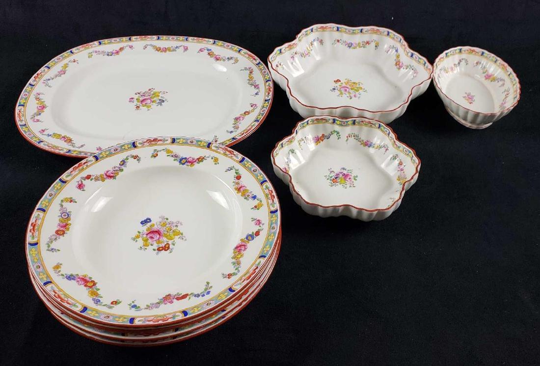 Set of 8 Minton Rose Platters and Rim Soup Bowls: Set of 8 Minton Rose Platters and Rim Soup Bowls. This lot of Minton items are in great condition. A few of the items have discoloration (see pictures for item condition). The set includes: 1 rectangu