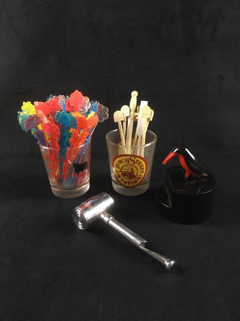 Vintage BarwareÂ Materials Including Shot Glass Gavel: Vintage BarwareÂ Materials Including Shot Glass Gavel, Toothpick Dispenser, 2 Drink Glasses, and Plastic Drink Stirs; an eclectic set including 1: gavel shaped shot glass and bottle opener, marked "
