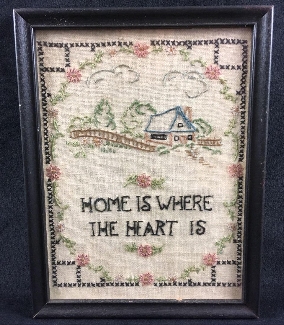 Vintage Home Is Where The Heart Is Needlepoint Sampler: Vintage Home Is Where The Heart Is Needlepoint Sampler; In great condition, believed to circa 1930's and measures at about 9" L x 7" W.