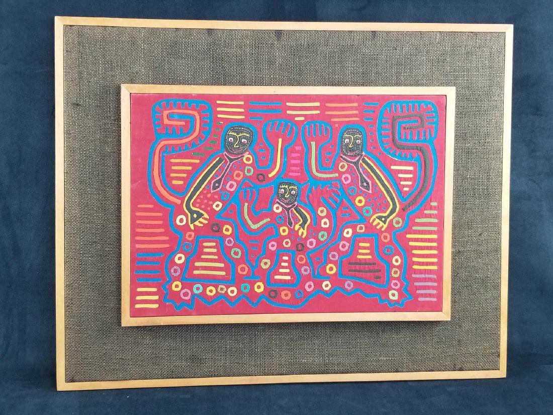 Playful Monkeys Hand Applique Art Work: Double panel on burlap. Wooden frame. Hand stitched applique in vibrant colors of 3 playful monkeys. The item appears to be Costa Rican or Panamanian origin. Great used condition. Approx sizing: (28 1
