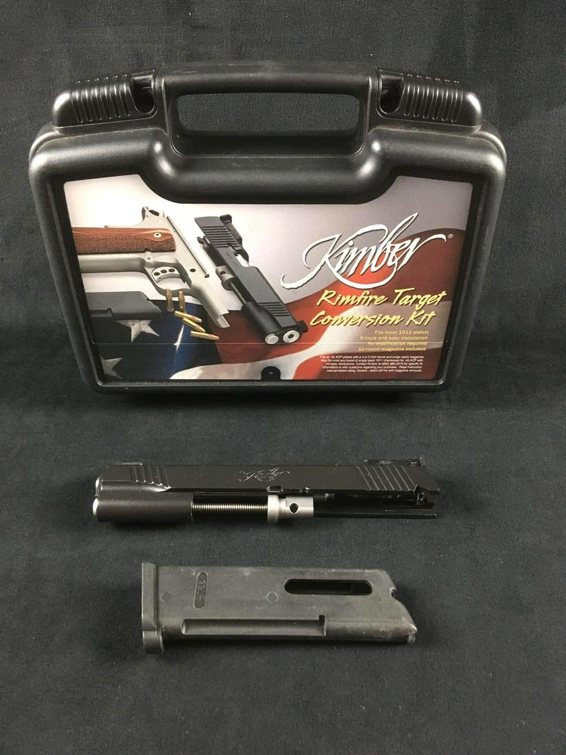 1911 Semi Auto 22 Caliber Rimfire Target Conversion Kit: 1911 Semi Auto 22 Caliber Rimfire Target Conversion Kit by Kimber; this is advertised to fit most .45 ACP pistols with a 4" or 5" barrel and a single stack magazine. The kit includes barrel with slide