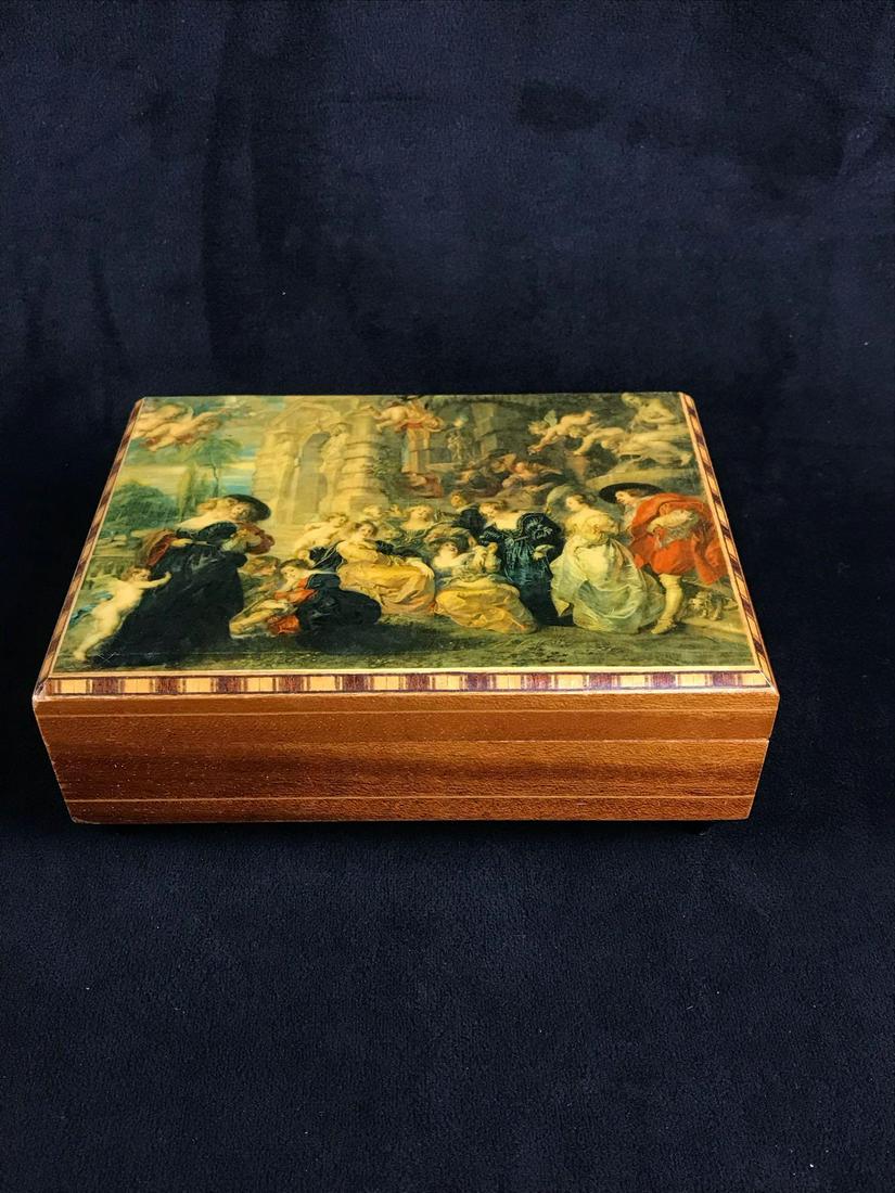 The Garden Of Love Jewelry Music Box: The Garden Of Love Jewelry Music Box; This is a vintage wooden jewelry box that features "The Garden of Love", a painting by Flemish Baroque artist Peter Paul Rubens and plays the song Love Story. It