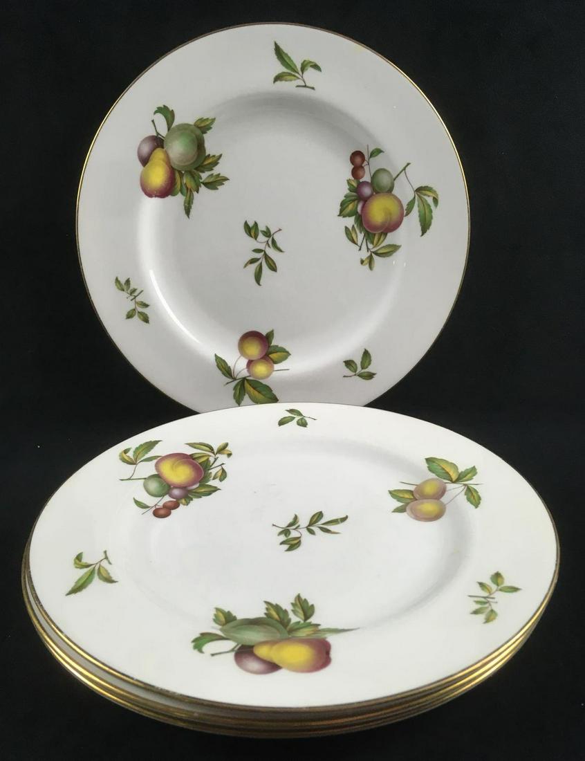 4 Spode England Bone China Blenheim Fruit Design Dinner: 4 Spode England Bone China Blenheim Fruit Design Dinner Plates. These plates are in used condition. The porcelain has some scratches on the surface and there are tiny scratches in the design and gold 