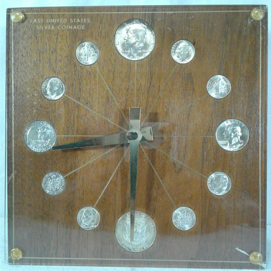 "Last United States Silver Coinage" 1964 Coin Clock. by: A NumismaticÂ Clock titled "Last United States Silver Coinage", by Marton Kay has 8 dimes and 4 quartersÂ that dated 1964, the last year when silver as used to make coins. The coins a mounted in a