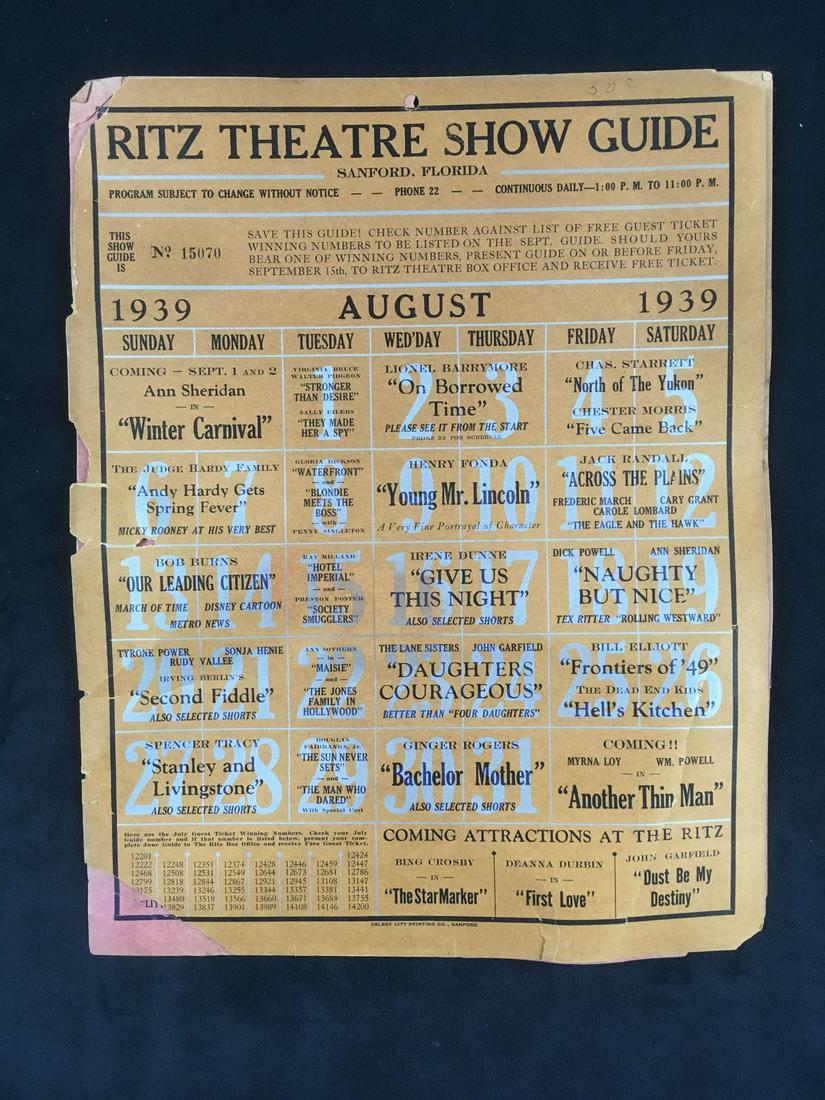 3 1939 Sanford Florida Ritz Theater Show Guides: 3 1939 Sanford Florida Ritz Theater Show Guides. This set of Theater Show Guides is in fair condition. There is some light discoloration, staining, and minor tears on the guide from age and wear. Show