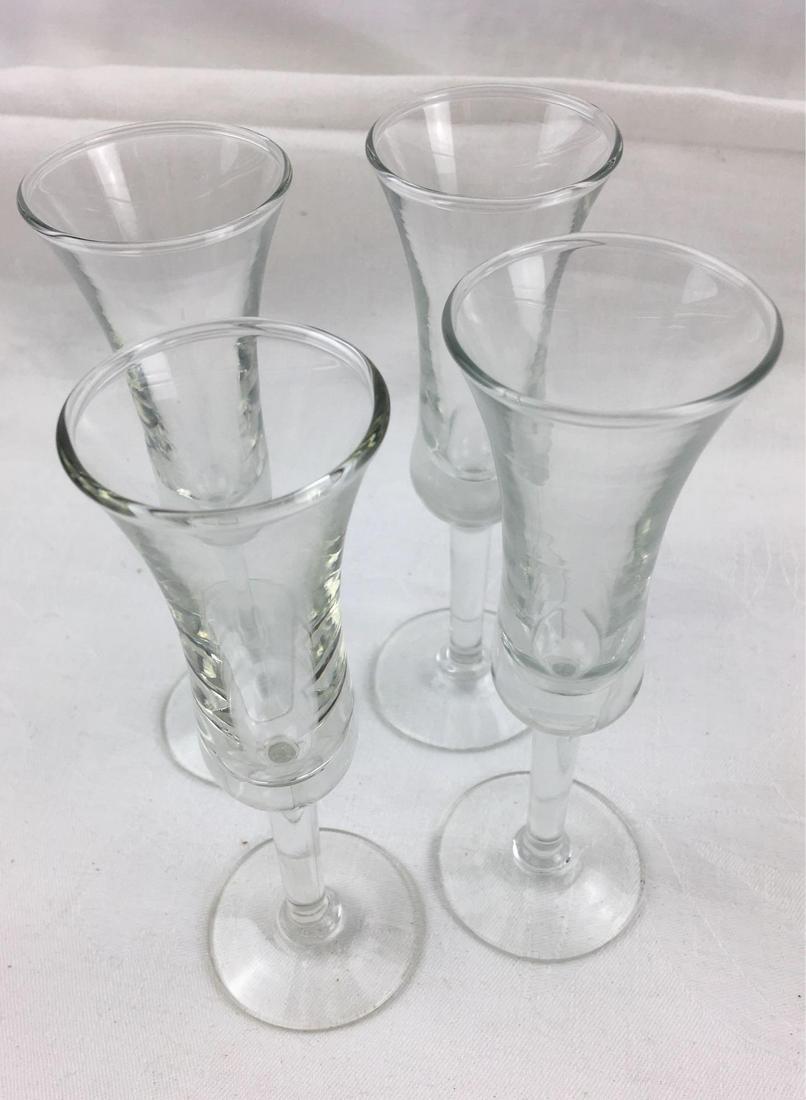 Set of 4 Stemmed Cordial/Sherry Glasses, by Libby: Set of 4 Stemmed Cordial/Sherry Glasses, by Libby; a very nice set of 4 stemmed glasses. Each shows a mark on the base that appears as a feather. These glasses are in excellent condition, each measure