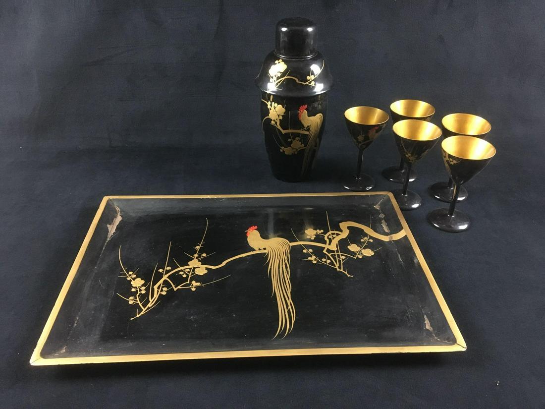 Vintage Hand painted Lacquer ware Bar Set with Tray: Vintage Hand-painted Lacquer-ware Bar Set with Tray; a unique set includes cocktail shaker, 5 stemmed cups, and tray. All show a long-tailed rooster motif. The cocktail shaker is in very good conditio
