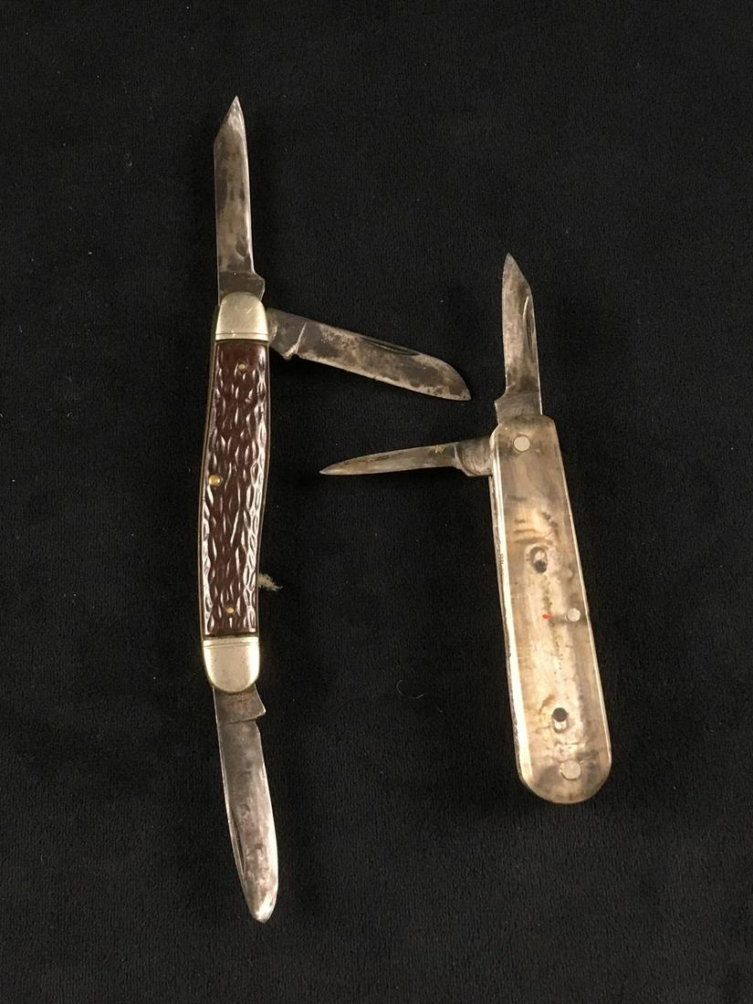 2 Vintage Folding Pocket Knives Marked Camillus and: 2 Vintage Folding Pocket Knives, Camillus and KaBar; the Camillus shows 3 blades, good condition, the action is tight, two blades show extensive sharpening and both currently show a sharp edge, the kn
