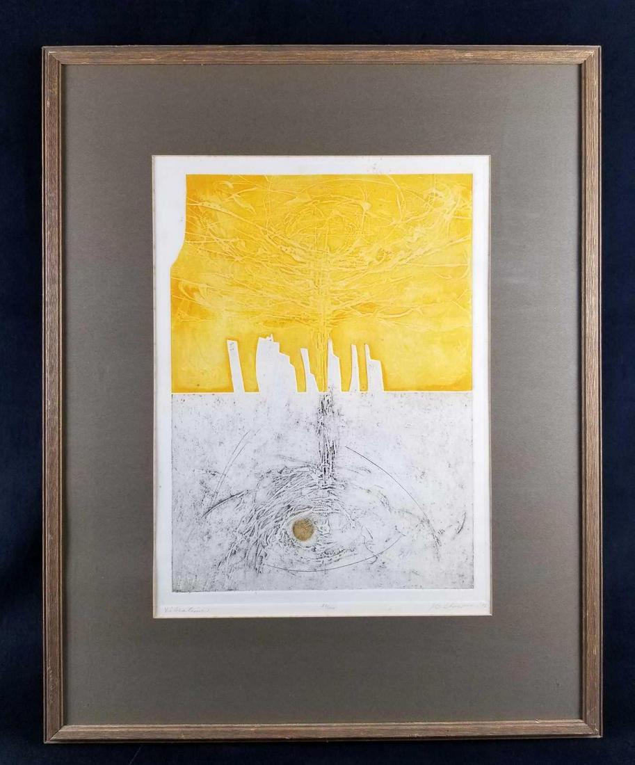 Original Collagraph Print by J B Thompson Numbered and: Original Collagraph Print by J B Thompson, Numbered and Signed; this work is titled "Vibrations" and is executed by American artist J B Thompson (1032 - 1984). It is numbered 50/100. The workÂ is gl