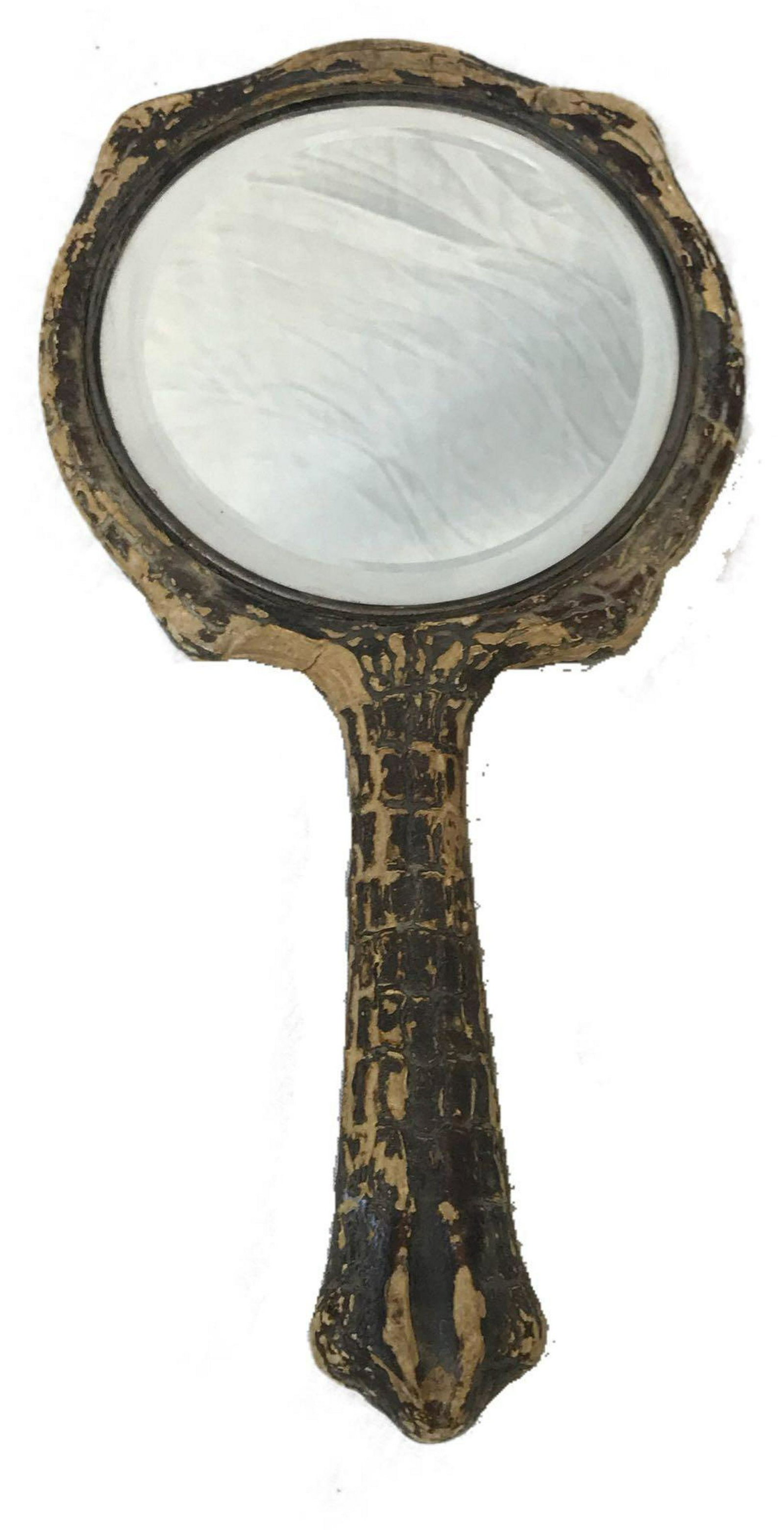 Unique Alligator Hide Hand Mirror: Unique Alligator Hide Hand Mirror; this is a very interesting item, a hand mirror with an alligator hide frame. It appears to have many years of use with the top layer of finish worn away in many
