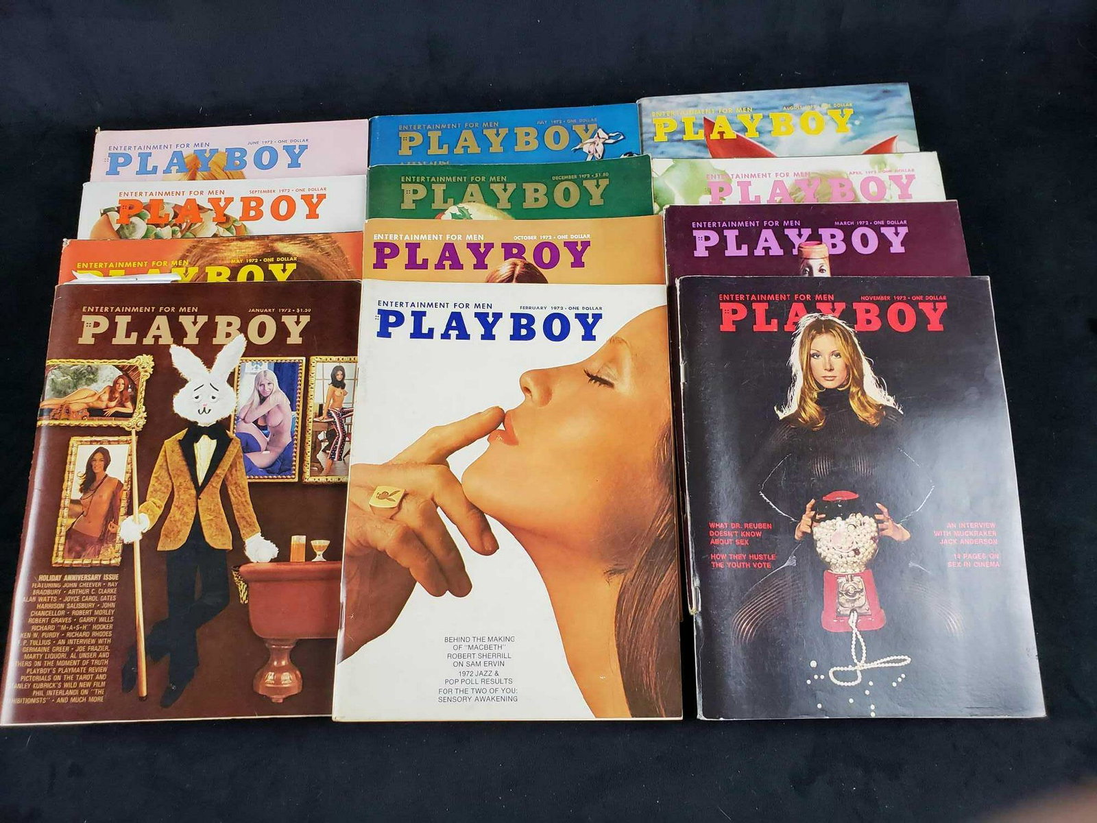 Twelve 1972 Playboy Magazines: Twelve 1972 Playboy Magazines. These magazines are in great used condition. There is no known signs of damage such as rips or tears to the magazines. Set includes: August 1972: Richard Rhodes, Gi