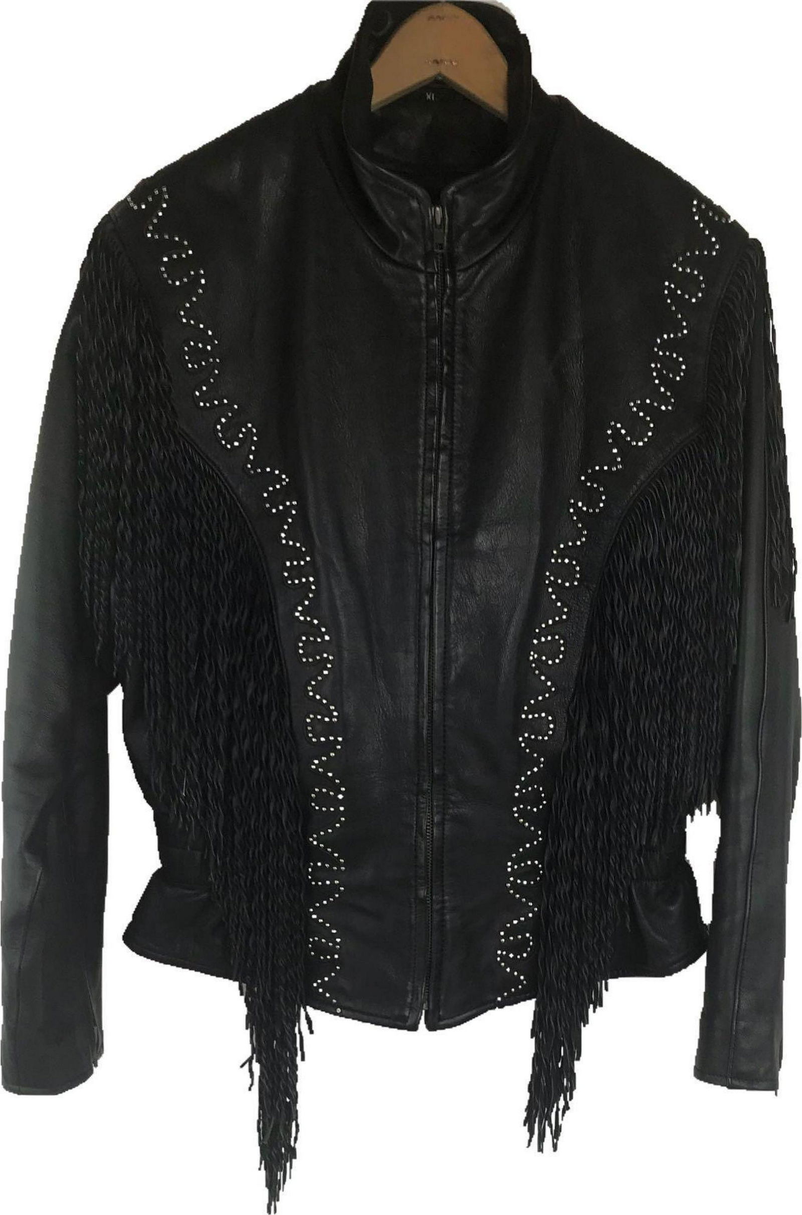 Bernardo Women's Leather Jacket XL: Bernardo Women's Leather Jacket XL; This vintage leather jacket features a lovely fringe with a riveted embellishment that starts at the shoulder and ends at the waist. It has exterior pockets on
