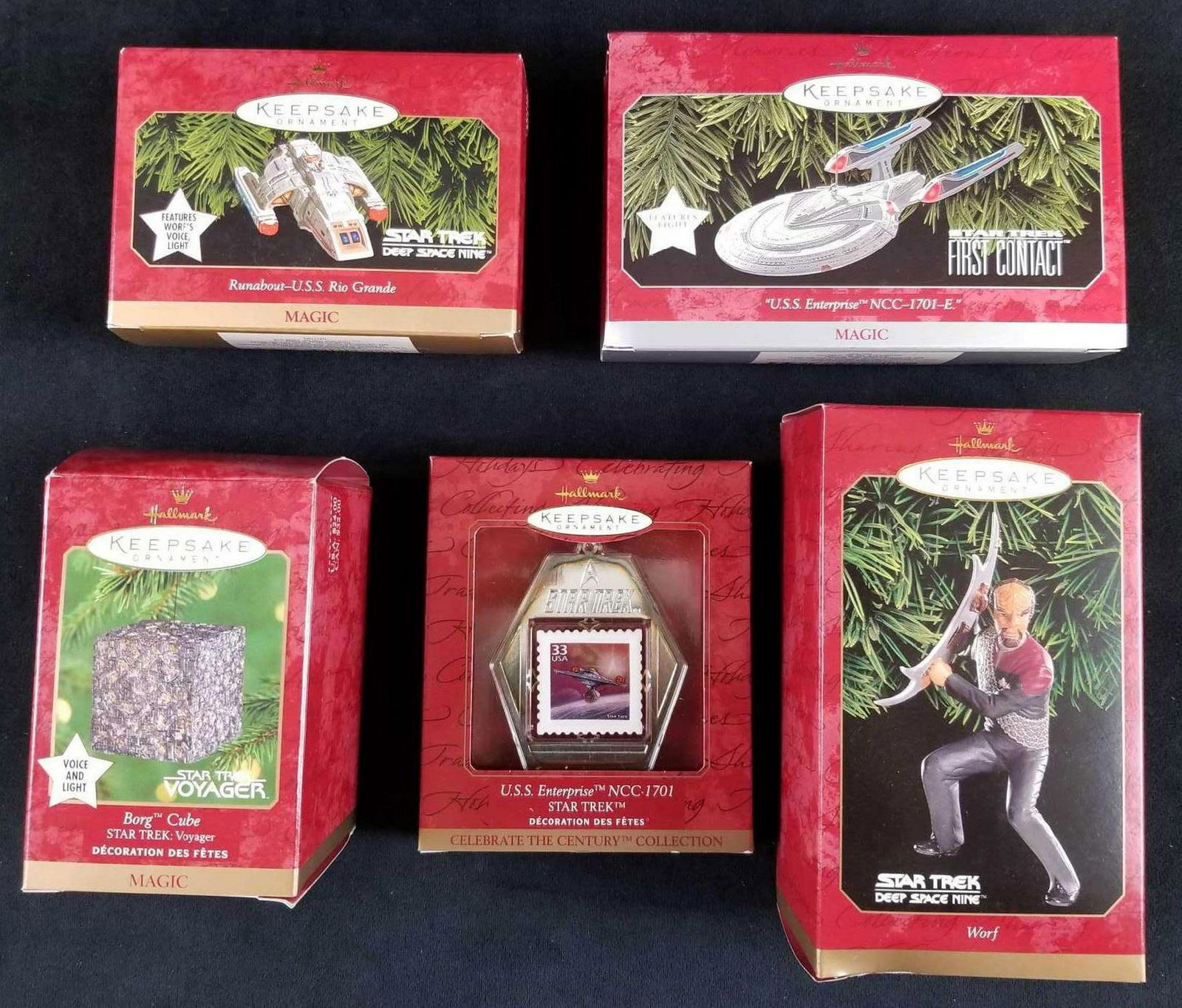 Lot of 5 Hallmark Star Trek Collectible Ornaments: This lot features: (x3) Runabout- "U.S.S. Riogrande" (Star Trek Deep Space Nine) features Worfs voice, light; (Magic Series); handcrafted and stardated 1999 . "U.S.S. Enterprise NCC-1701-E" Star