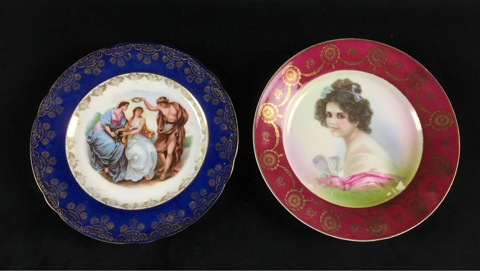 Lot of 2 Antique Fine German Porcelain Plates Marked: Lot of 2 Antique Fine German Porcelain Plates, Marked; lot includes 1) a plate marked "KPM" showing three figures and a cobalt blue rim with gold accent, and 2) a plate marked "Sch