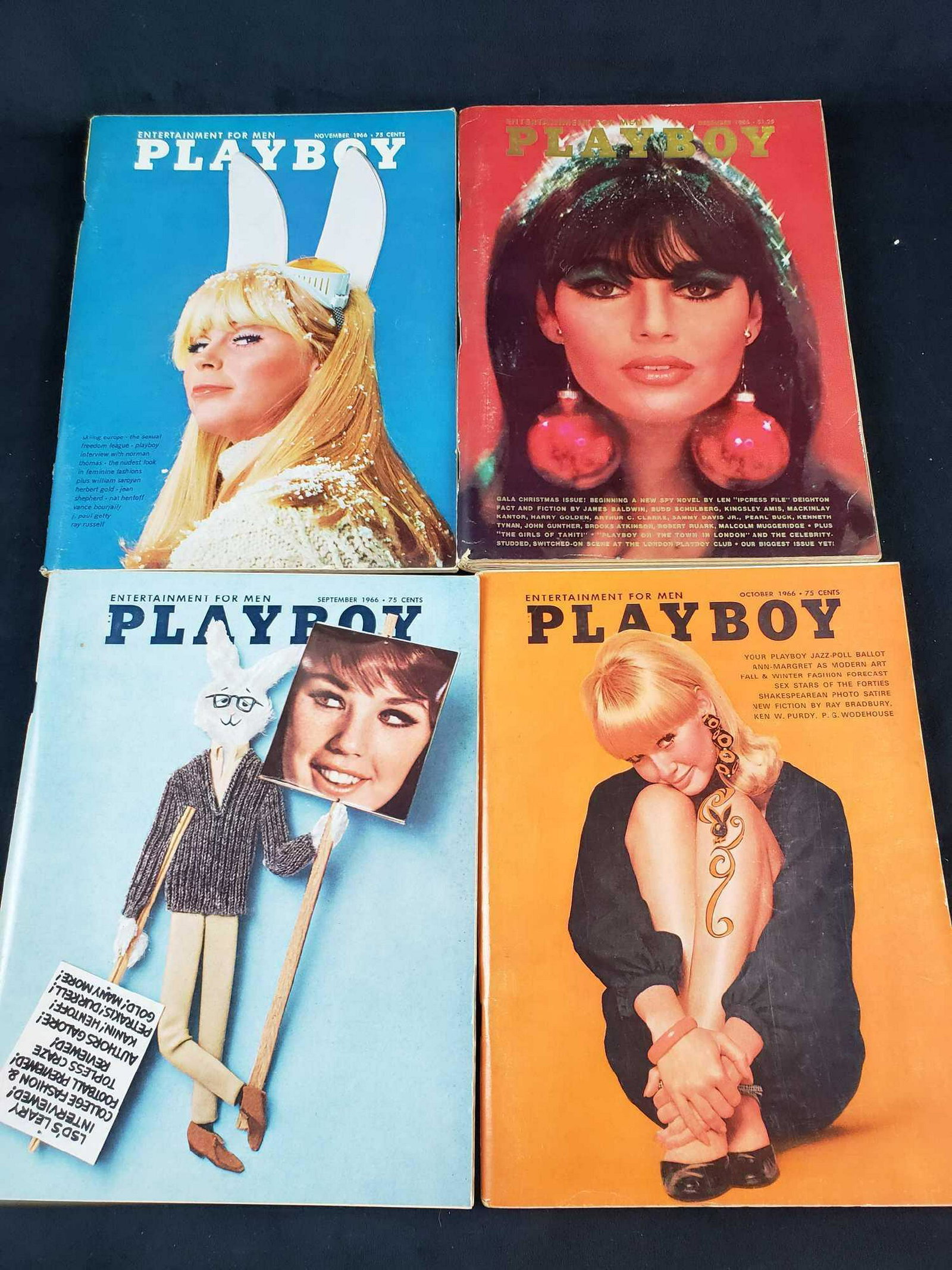 Four 1966 Playboy Magazines: Four 1966 Playboy Magazines. These Playboy magazines are in great used condition. They show very few signs of age or wear, and there are no known obvious rips or tears. The magazines include: Oc