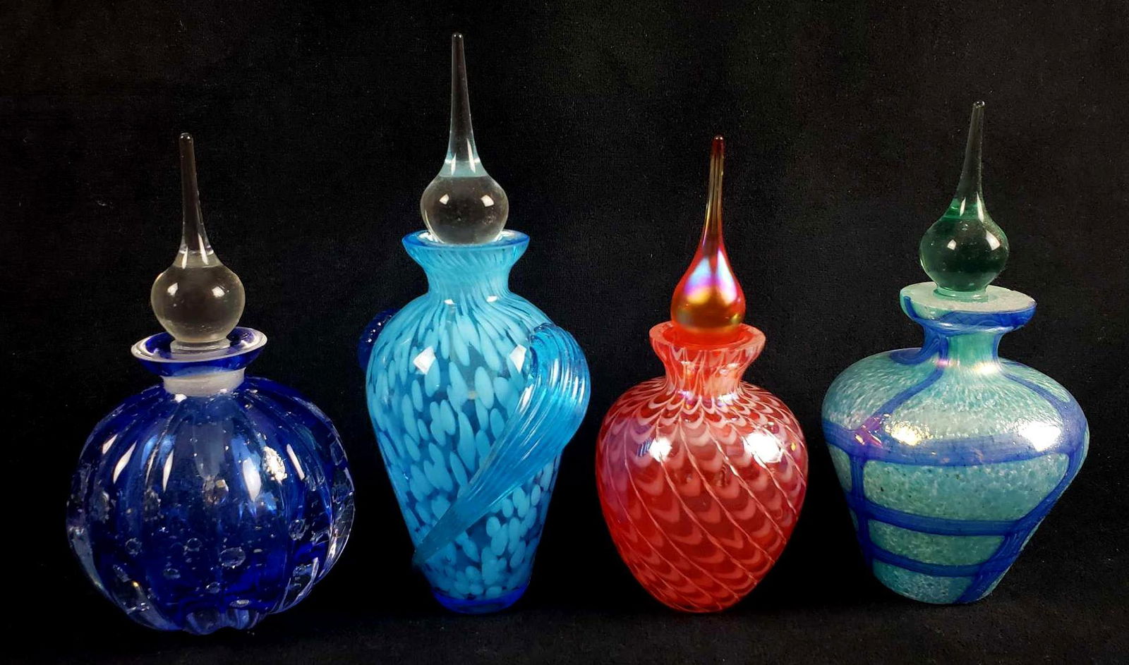 Lot of 4 Art Glass Hand Blown Murano BLUE ART GLASS PERFUME BOTTLE SIGNED