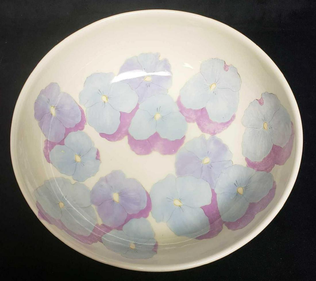 Ernestine Salermo Italian Pansy Serving Bowl: Ernestine Salermo Italian Pansy Serving Bowl. This serving bowl is in excellent used condition. The bowl has no known chips or cracks in it. The bowl has a beautiful hand painted purple and blue pansy