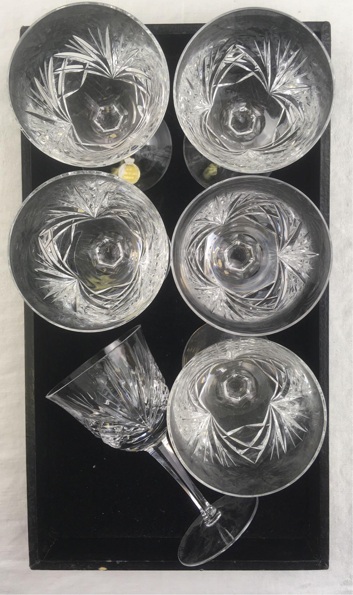 6 Vintage Hand-cut Lead Crystal Claret Wine Glasses: 6 Vintage Hand-cut Lead Crystal Claret Wine Glasses; these are not marked but are of very fine quality. One shows an original applied labe reading "Real Lead Crystal Handcut". All are in very good con