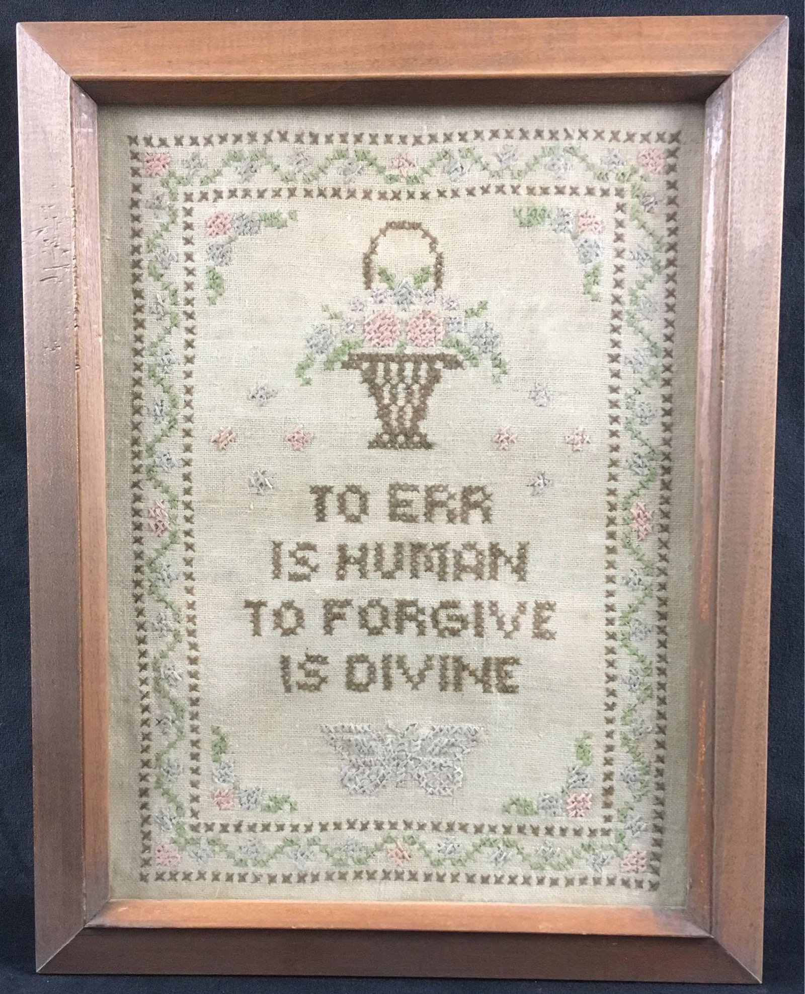 Vintage To Ear Is Human Framed Needlepoint Sampler: Vintage To Ear Is Human Framed Needlepoint Sampler; It says "To Err Is Human, To Forgive Is Divine". Believed to be circa 1930's, great piece of American Folk Art. It measures about 14" L x 11" W.Â