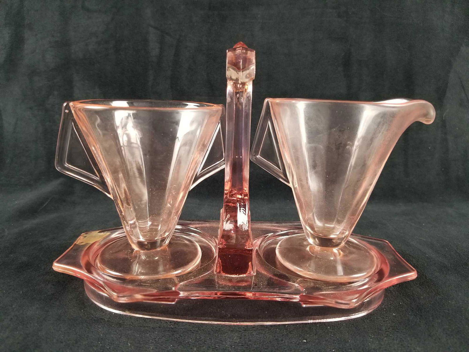 Pink Depression Glass Sugar Bowl Creamer And Tray Set: This vintage 1930's pink depression glass sugar and creamer on tray set is in great used condition, does needs to be cleaned as there seems to be some residue on the tray but there are no known chips
