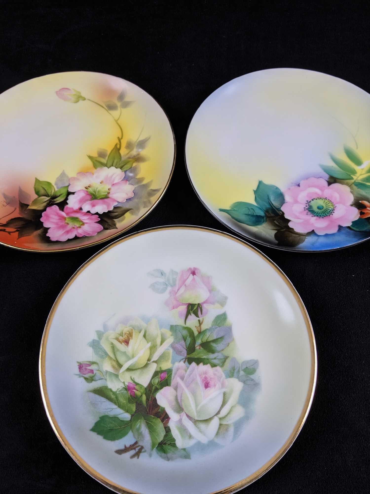 Lot of 3 Porcelain Plates Noritake CT Altwasser: 1 C.T. Altwasser Germany 6 inch plate with roses design and gold brim. There are no known chips or cracks in this plate and it is in good used condition.Â 1 Noritake Hand painted small plate with f