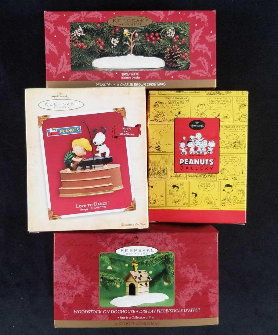 Lot of 4 Snoopy and Peanuts Collectible Ornaments Set B: This lot features: "Snow Scene" tabletop display from "Peanuts- A Charlie Brown Christmas; (All 4 of The series can be found in listing set A for a complete set); Handcrafted and dated 1995. "Love to 