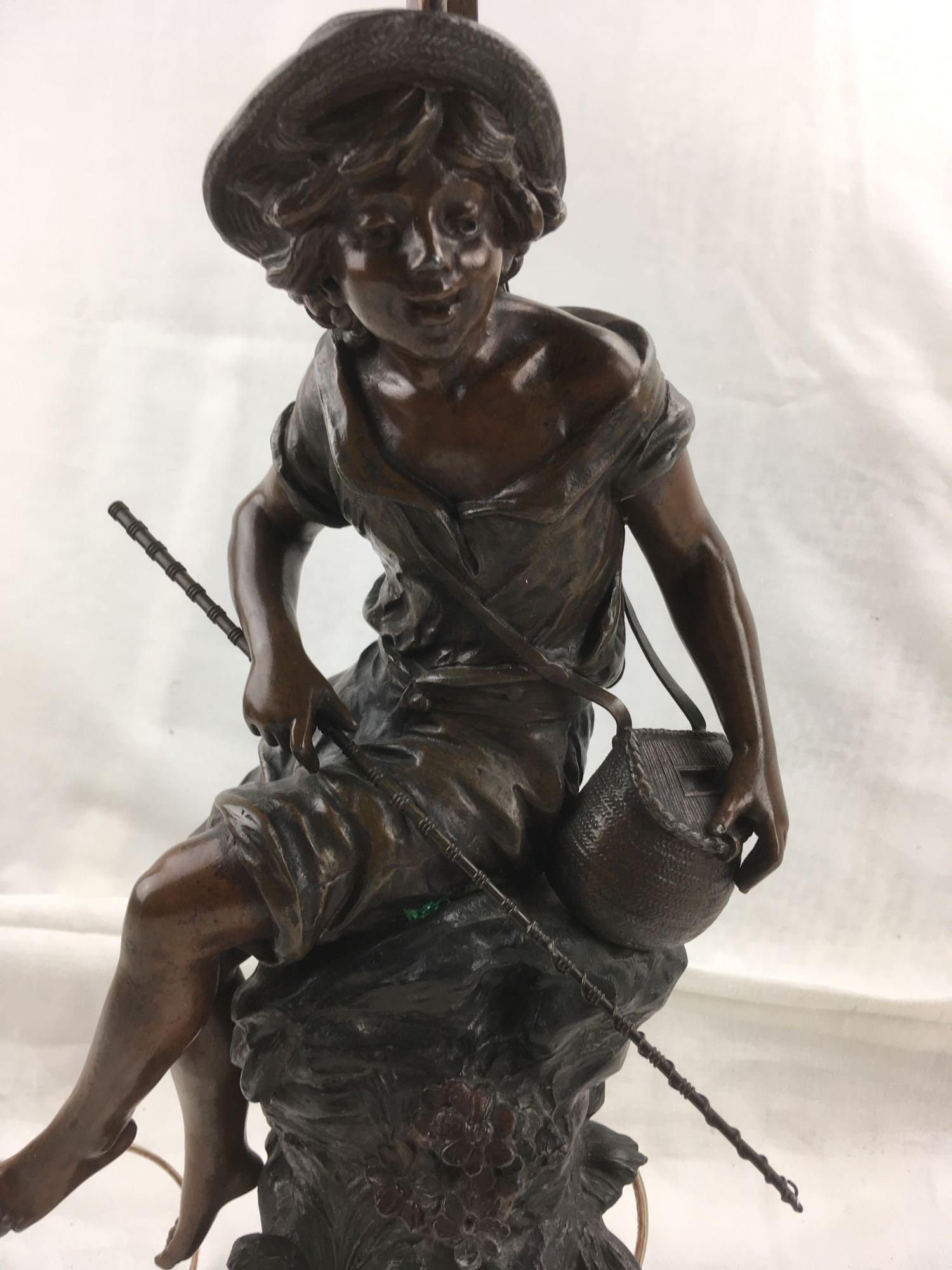Antique French Bronze Figural Table Lamp, "Percheur": Antique French Bronze Figural Table Lamp, "Percheur" (Perching) by Aug. Moreau; a very fine piece of a young boy fishing (for perch we think). The sculpture shows the signature of Aug. Moreau (1834 - 