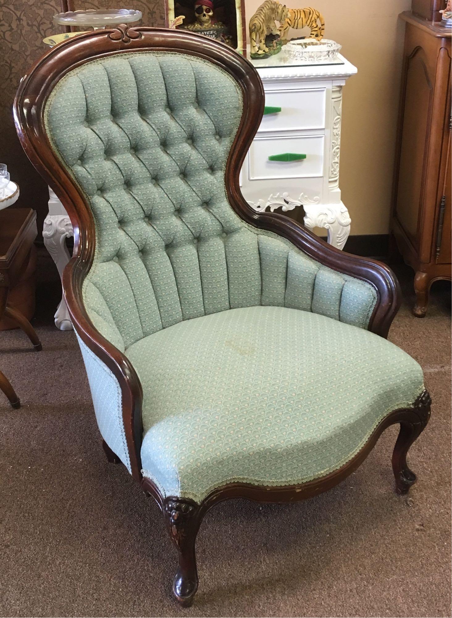Victorian Tufted Chair: Victorian armchair with a lovely tufted fabric. Measurements are approx. 39" H, 25" W, 21" D. Chair has a few scuffs and one small stain on the seat.Â