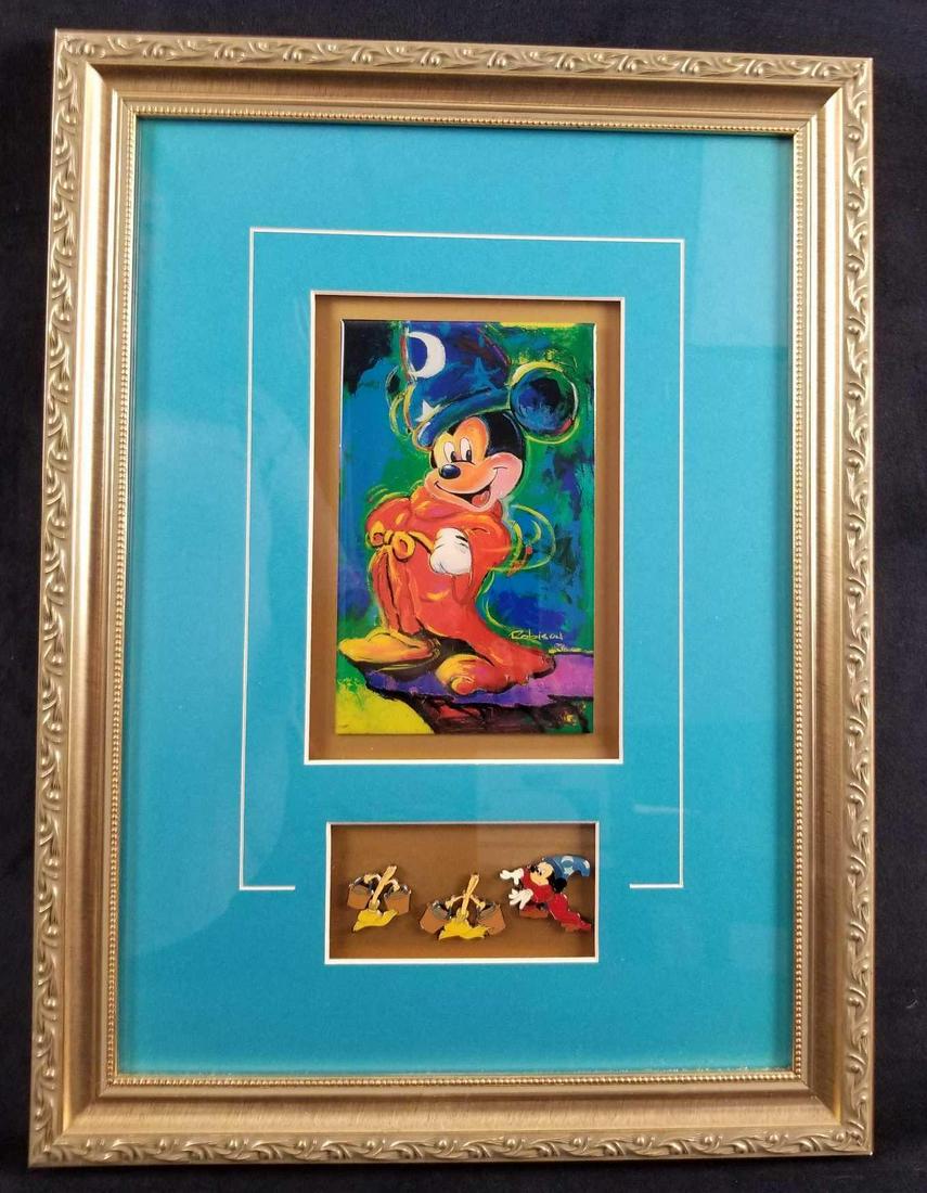 Walt Disneys Sorcerer Apprentice Mickey Mouse Framed: Framed Walt Disney's Sorcerer's Apprentice Mickey Mouse by Eric Robison and set of 3 pins. This art is on what appears to be a tile or acrylic plaque and is beautifully matted in a blue that really en