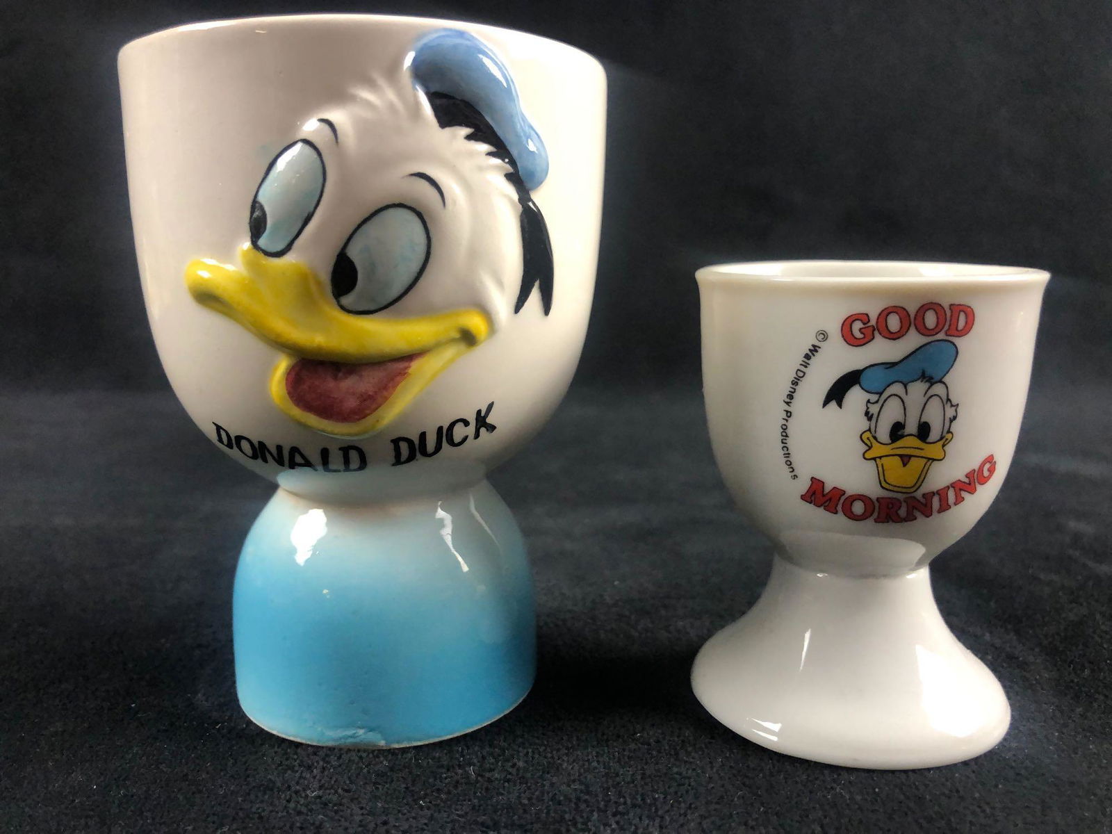 Lot of 2 Vintage Donald Duck Egg Cup Kitchen Walt: Lot of 2 Vintage Donald Duck Egg Cup Kitchen Walt Disney Productions A great collection of Disney to hold in your home and display with love. Appears to be from the 80's. (1) This is a lovely example