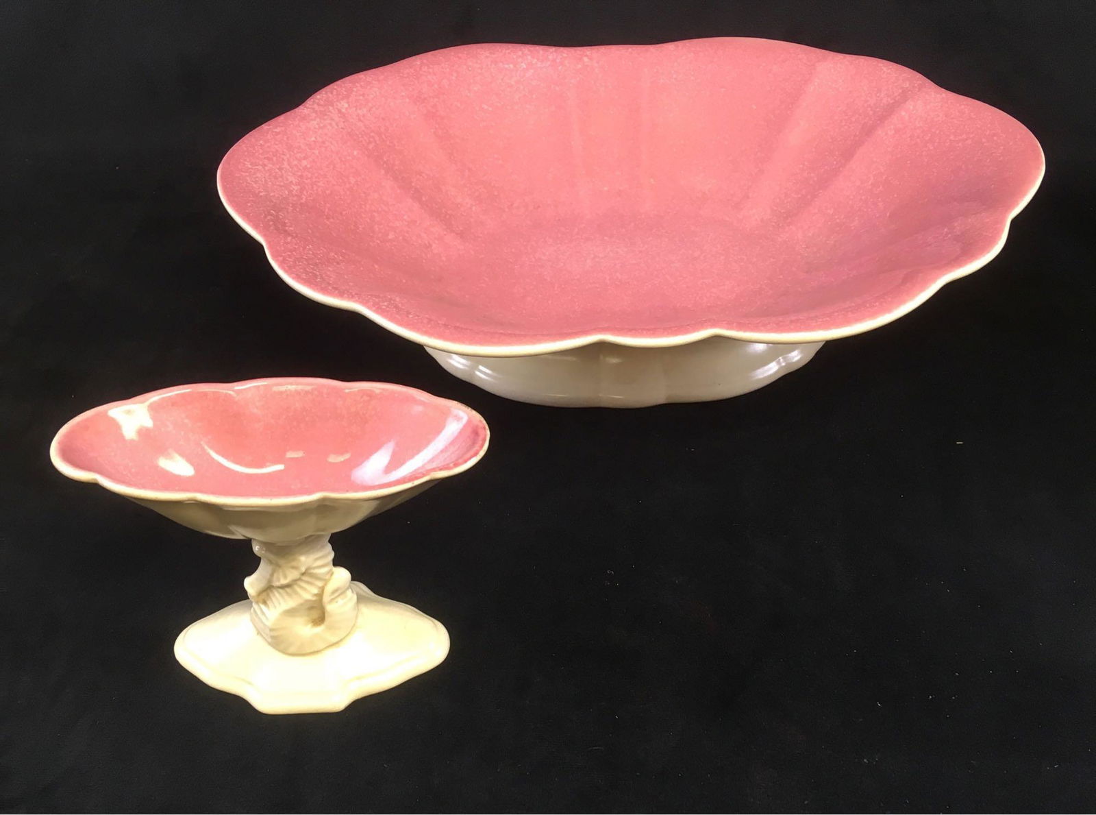 Vintage Cowan Art Pottery Serving Bowl and Spoon Rest: Vintage Cowan Art Pottery Serving Bowl and Spoon Rest, Marked, Circa 1920's; this lovely set shows a pink and ivory combination, both the Cowan mark. The large serving or console bowl sits on a short