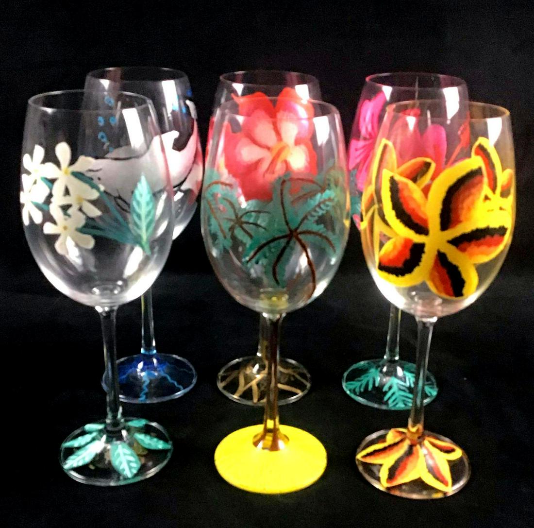 Lot of 6 Hand Painted Custom Unique WIne Glasses: This lot consists of 6 hand painted wine glasses. They vary in style and design. They are great for people who search for that creative quirky style for their home. They are signed Leslie Lajoie at th