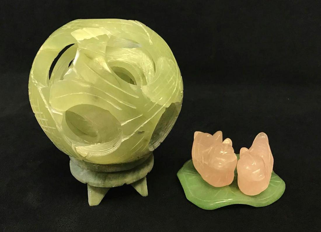 Feng Shui Jadeite Puzzle ball with Rose Quartz Birds: This is a relationship kit for Feng Shui. These are to be placed in the Northwest area of a room or Southwest if you are using compass Feng Shui.The ball is on a Jadeite pedestal and has four layers d