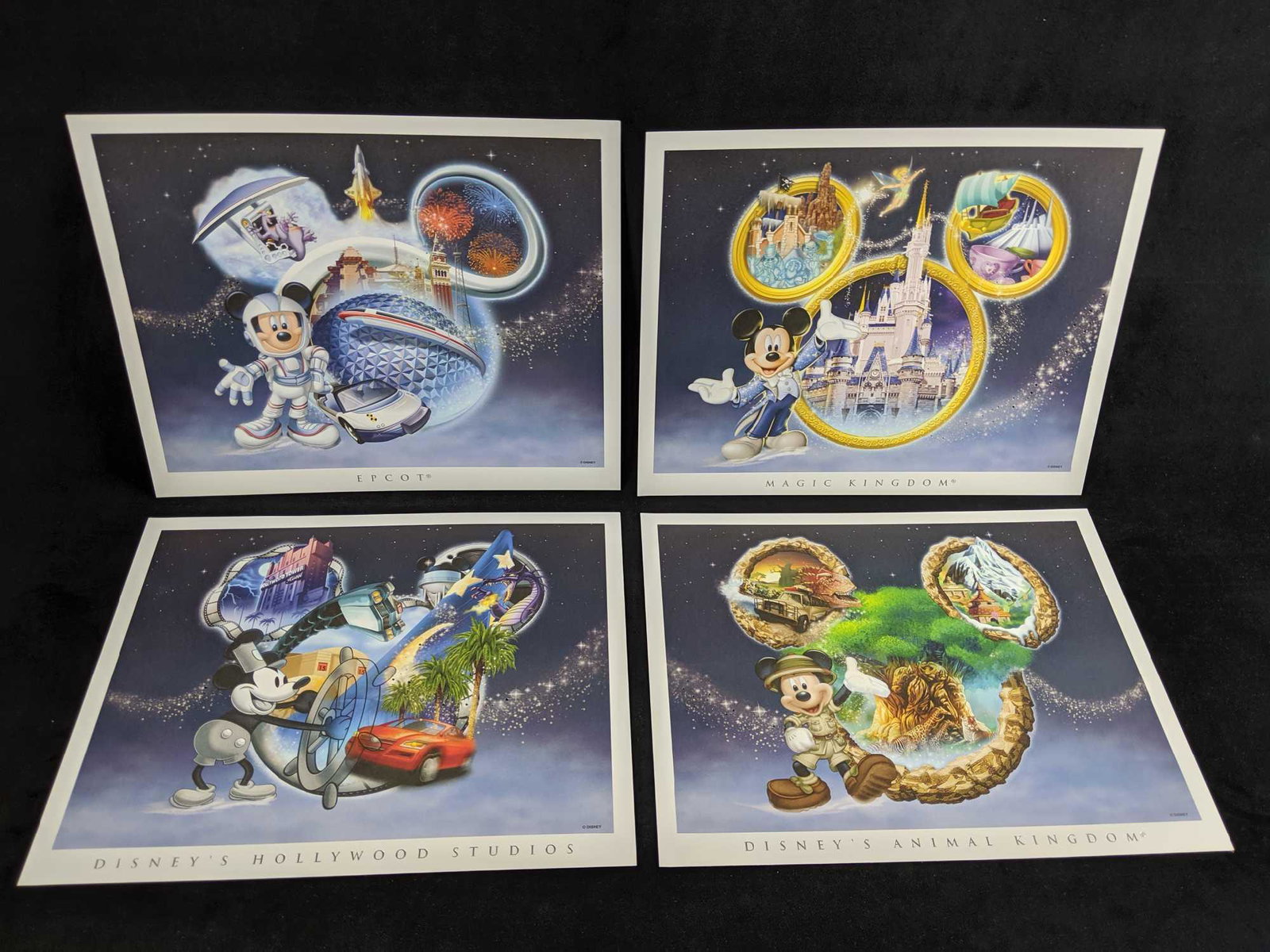 Walt Disney 4 Park Collector Mickey Mouse LE Lithograph: Set comes with four 14" x 11" prints (Image is 13" x 10") of Mickey celebrating each of the famous Walt Disney World Resort Themed Parks (Epcot, Magic Kingdom, Animal Kingdom and Disney's Hollywood St