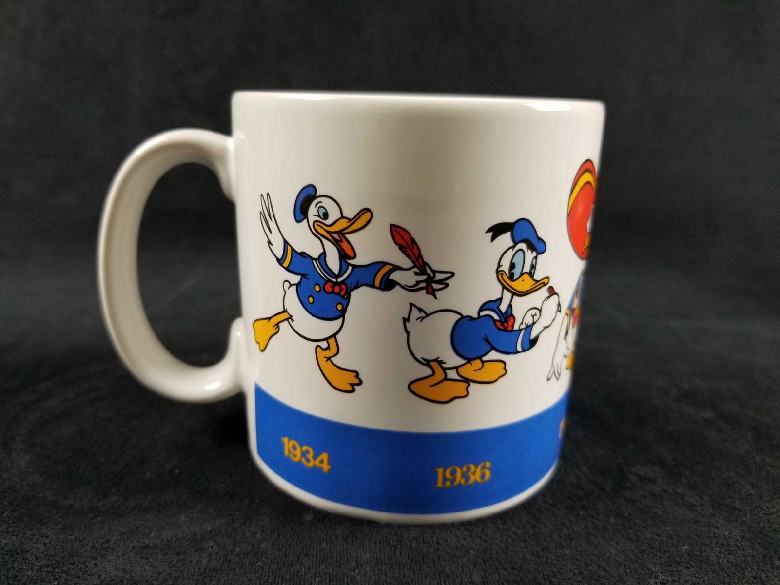 1990 Donald Duck Through The Years 1934-1990 Ceramig: Applause Vintage Coffee Mug Disney Donald Duck Through the years 1934-1990. This mug shows how the Donald Duck character design has evolved throughout the years. This mug is in great condition and pre