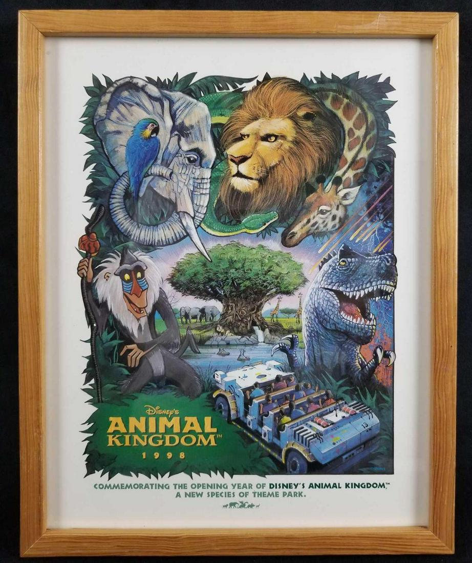 RARE Disney Animal Kingdom Framed Commemorative Poster: Framed print released to celebrate the opening of Walt Disney World's forth theme park, Disney's Animal Kingdom. Frame is in good, used condition with only a few, natural markings on wood. Frame appro