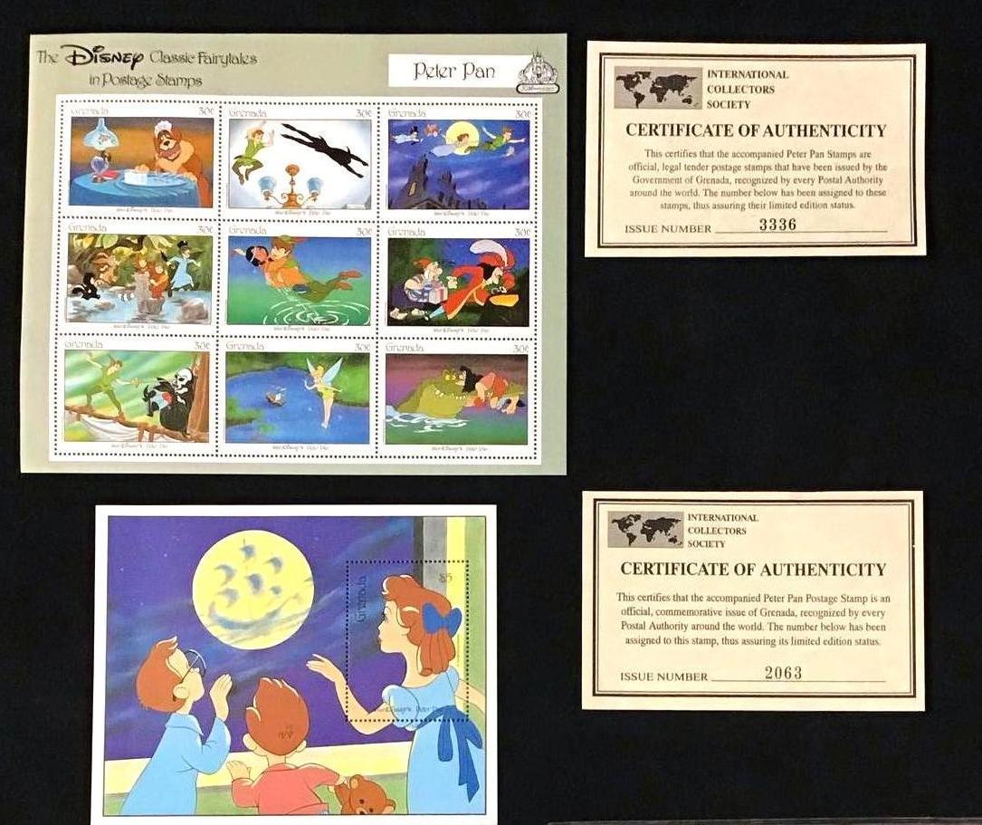 Vintage 1987 Disney Peter Pan Wendy Stamp Block: Vintage 1987 Disney Peter Pan Wendy Stamp Block. This is a lot of two stamp sheets from 1987. They are both Peter Pan themed with certificate of authenticity. They are legal tender postage stamps from