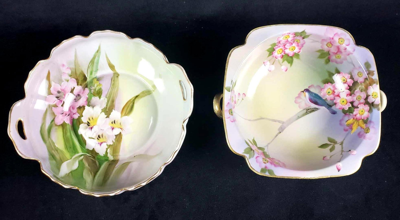 Set of 2 Noritake Hand Painted in Japan Dishes with: Set of 2 Noritake Hand Painted in Japan Dishes with Handles. This set of two NoritakeÂ dishes is in good to great used condition. The pieces included are: 1 bird on branch with pink flowers square b