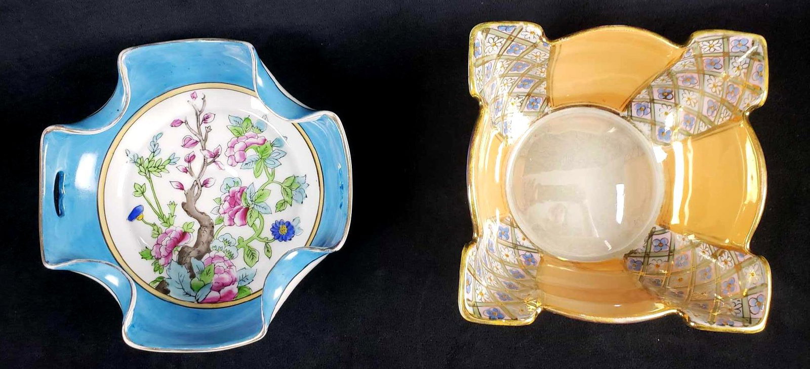 Set of 2 Noritake Hand Painted In Japan Unique Dishes: Set of 2 Noritake Hand Painted In Japan Unique Dishes. These two dishes are in great to good used condition. The items included are: 1 square shaped iridescent flower pattern bowl. Measures 5.5" L x 5