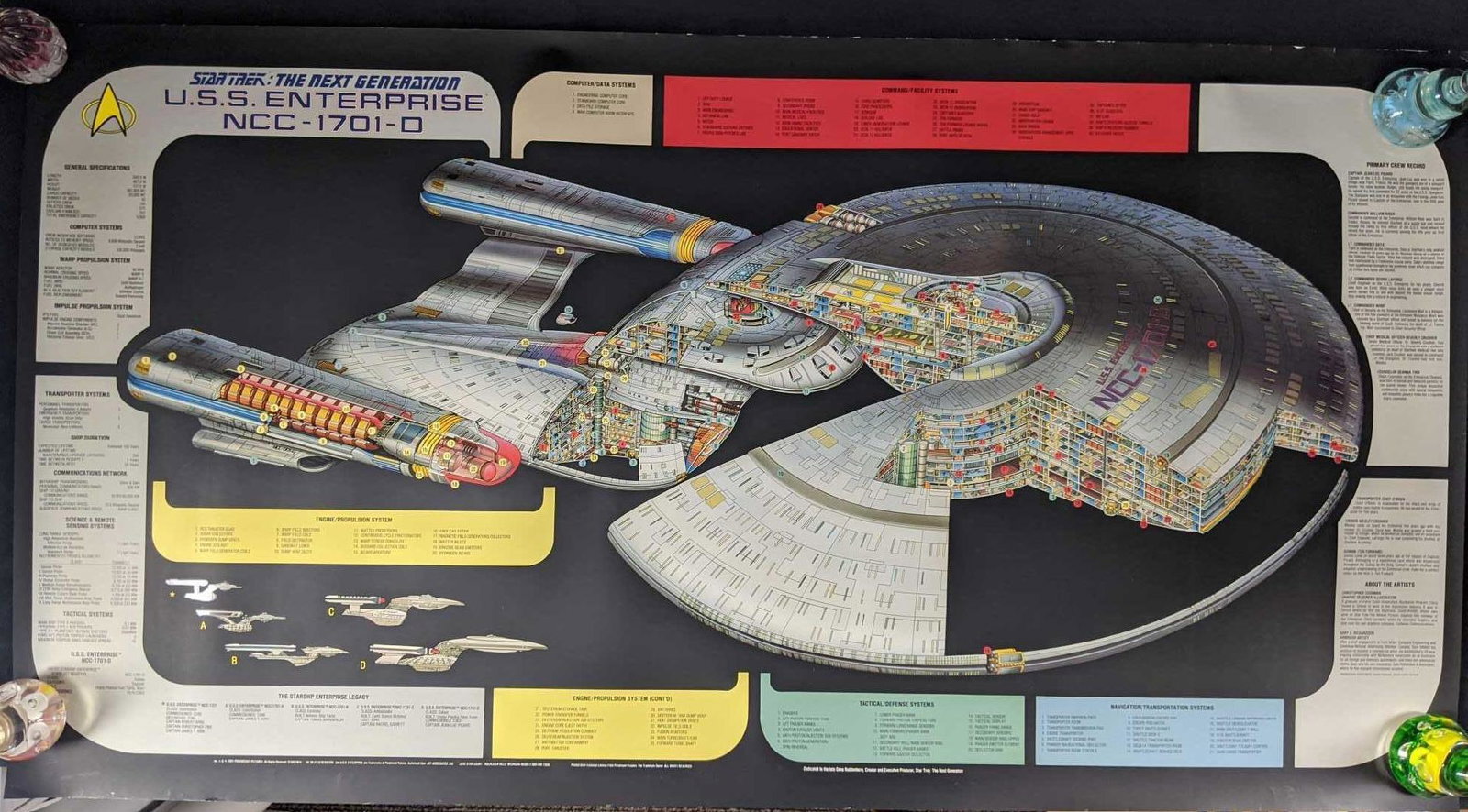 Star Trek Next Gen Enterprise Cutaway Poster: Star Trek: The Next Generation Cutaway poster from 1993. Map shows all the important rooms in the USS Enterprise NCC-1701-D. Large poster is approx 48" x 25 1/2". Poster is in good, used condition wit